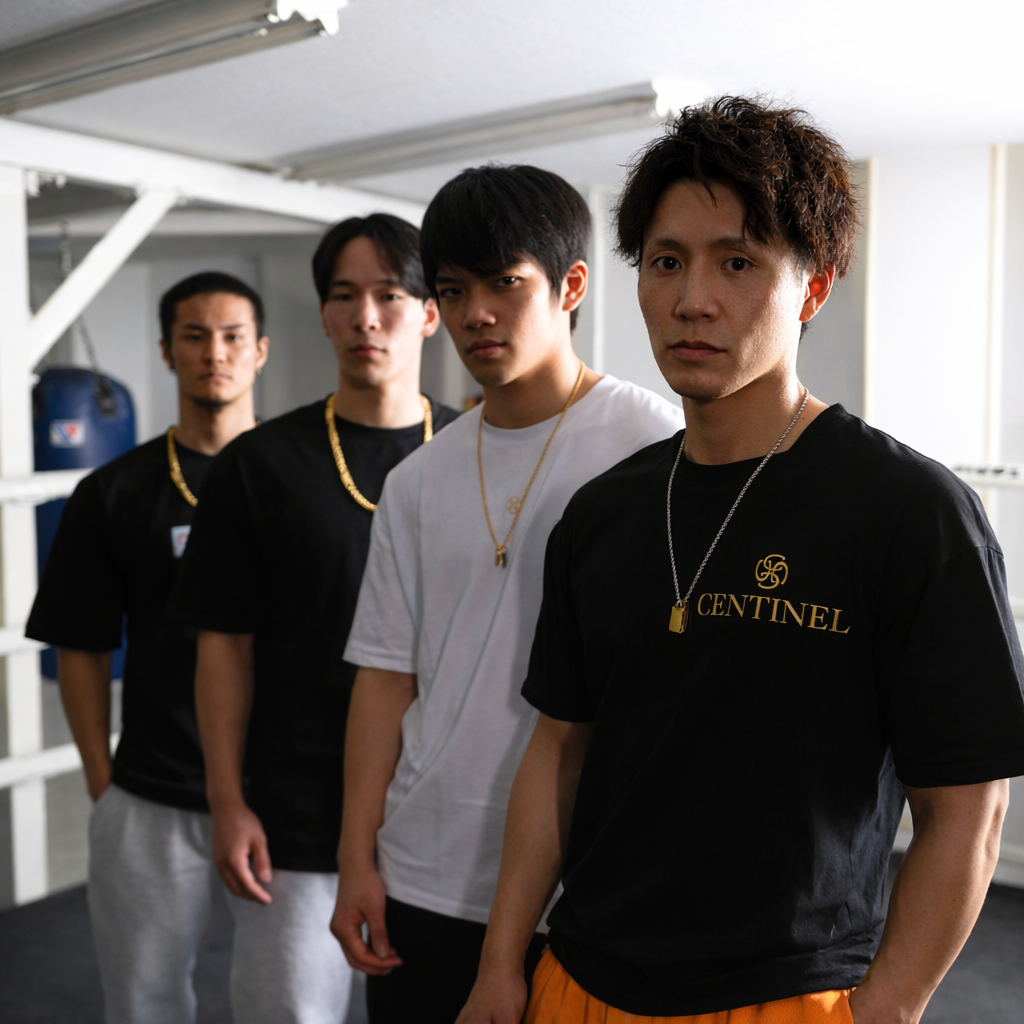 CENTINELのアクセサリーとシャツを着用した4人のモデル